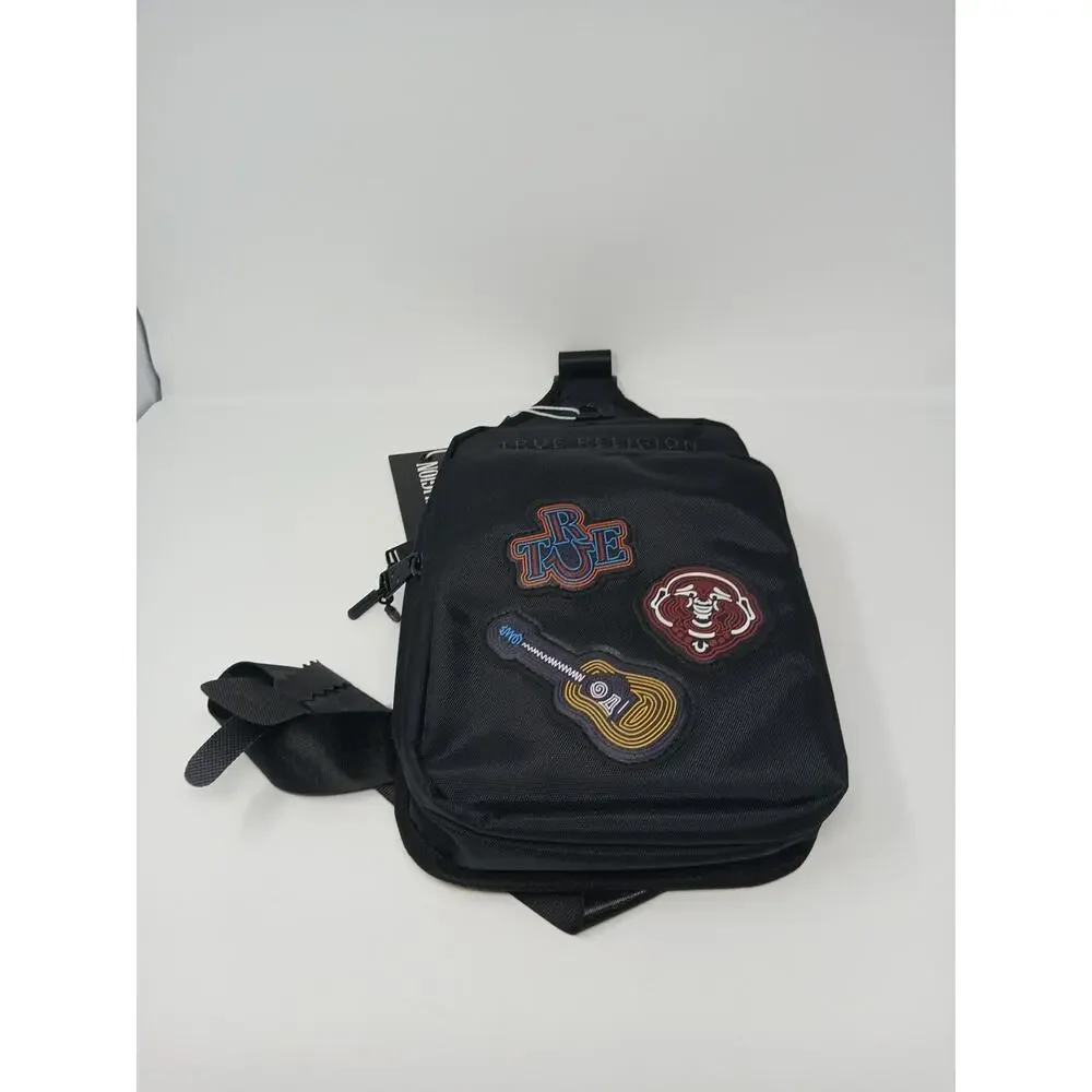 True Religion Black Crossbody Bag Men Zip Outer Pockets Guitar Character